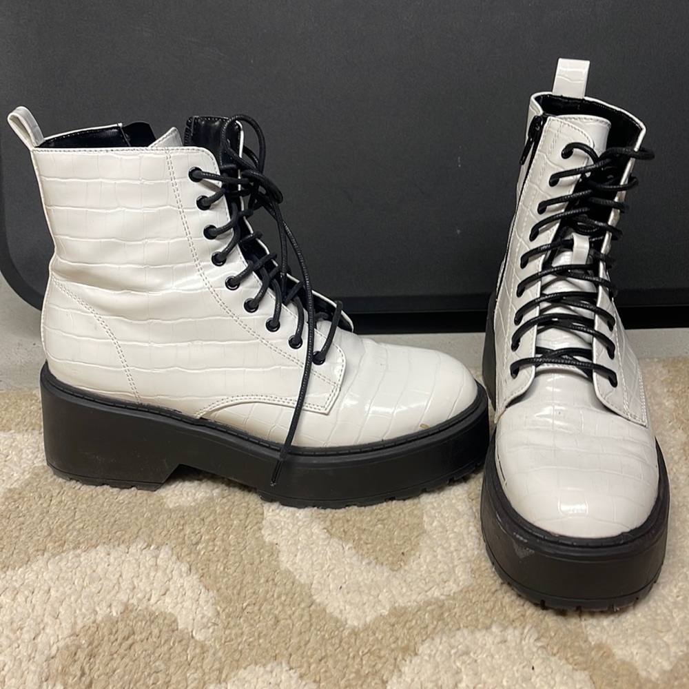 White croc platform combat boots